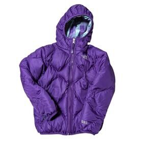 THE NORTH FACE Down PUFFER COAT, SIZE 7-8, Reversible; Purple Pattern